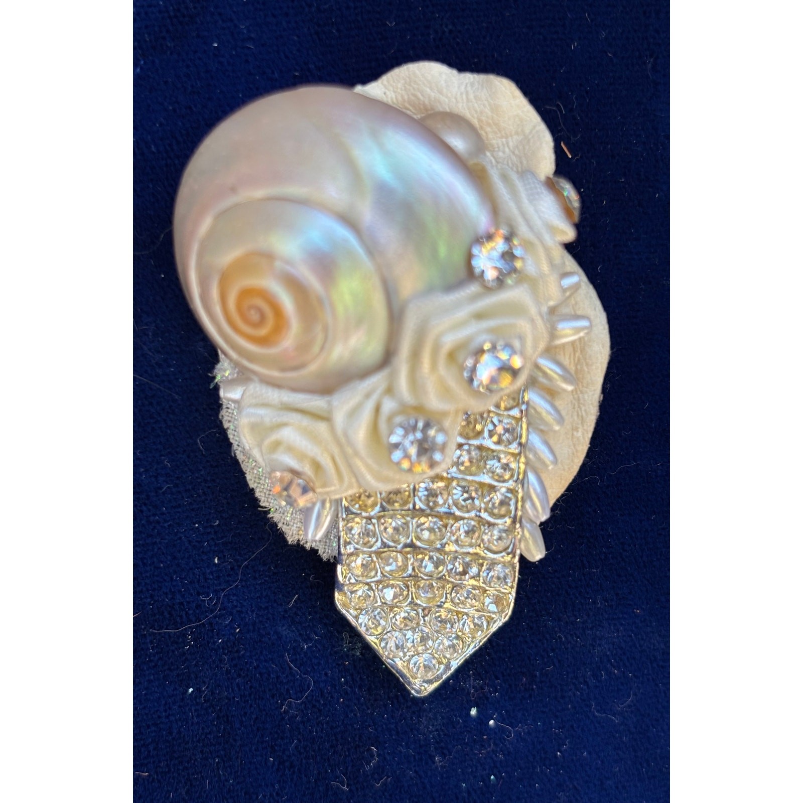 Vintage Brooch White Cream Seashell Rhinestones 2″ x 1.75″ Wedding Event Art