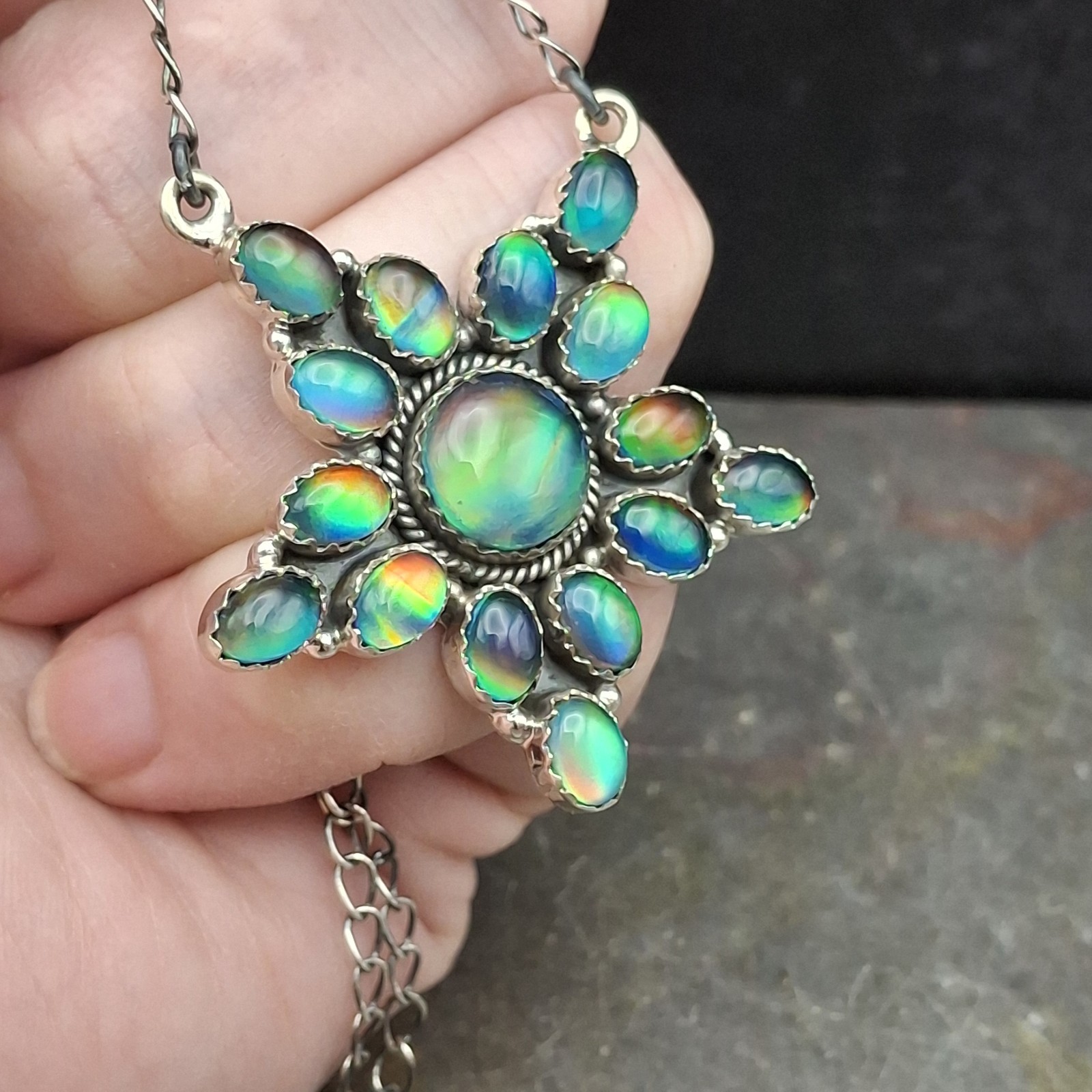 Aurora Opal Starburst Cluster Necklace 18-20″ Sterling Silver Southwestern