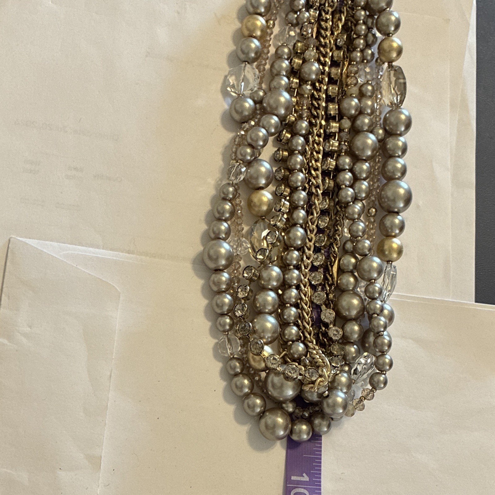 LOFT Gold Tone Layered Statement Necklace Imitation Pearl Crystal 18″ Adjust