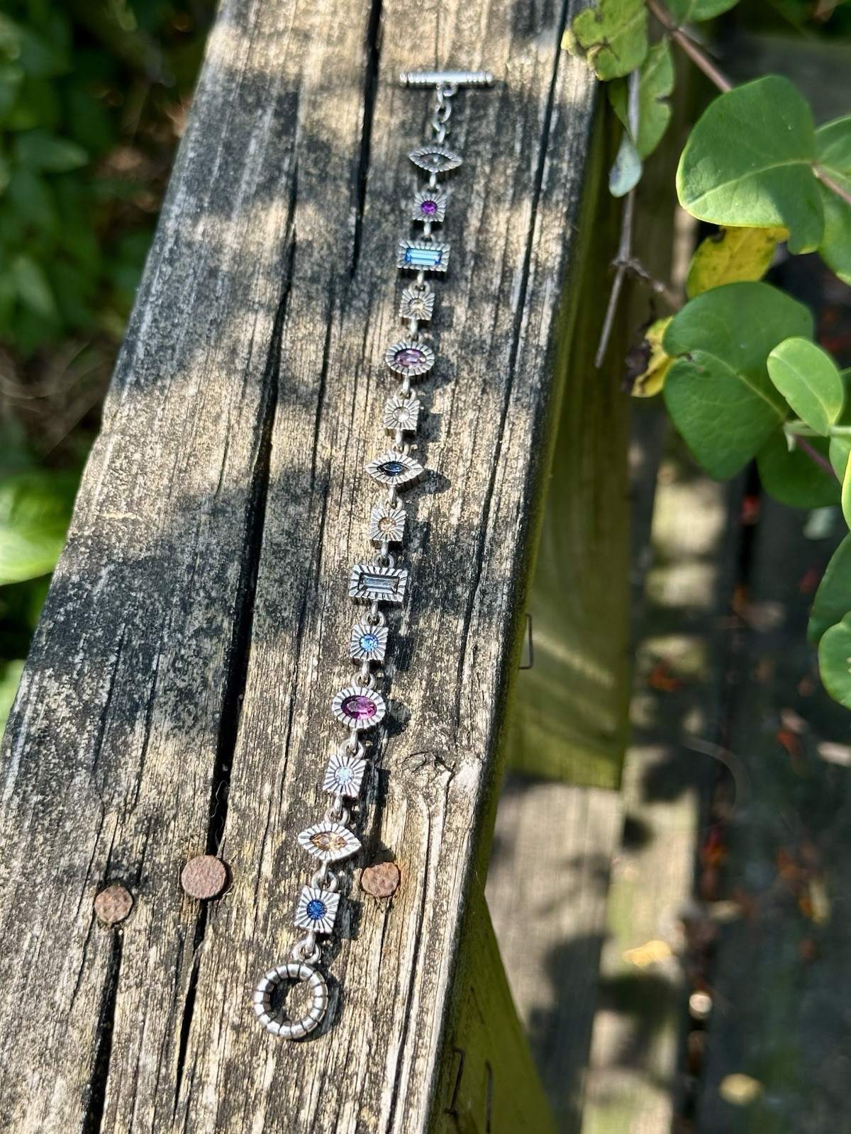 Patricia Locke Bracelet Silver Tone Multicolored Crystals Geometric Shapes 8”