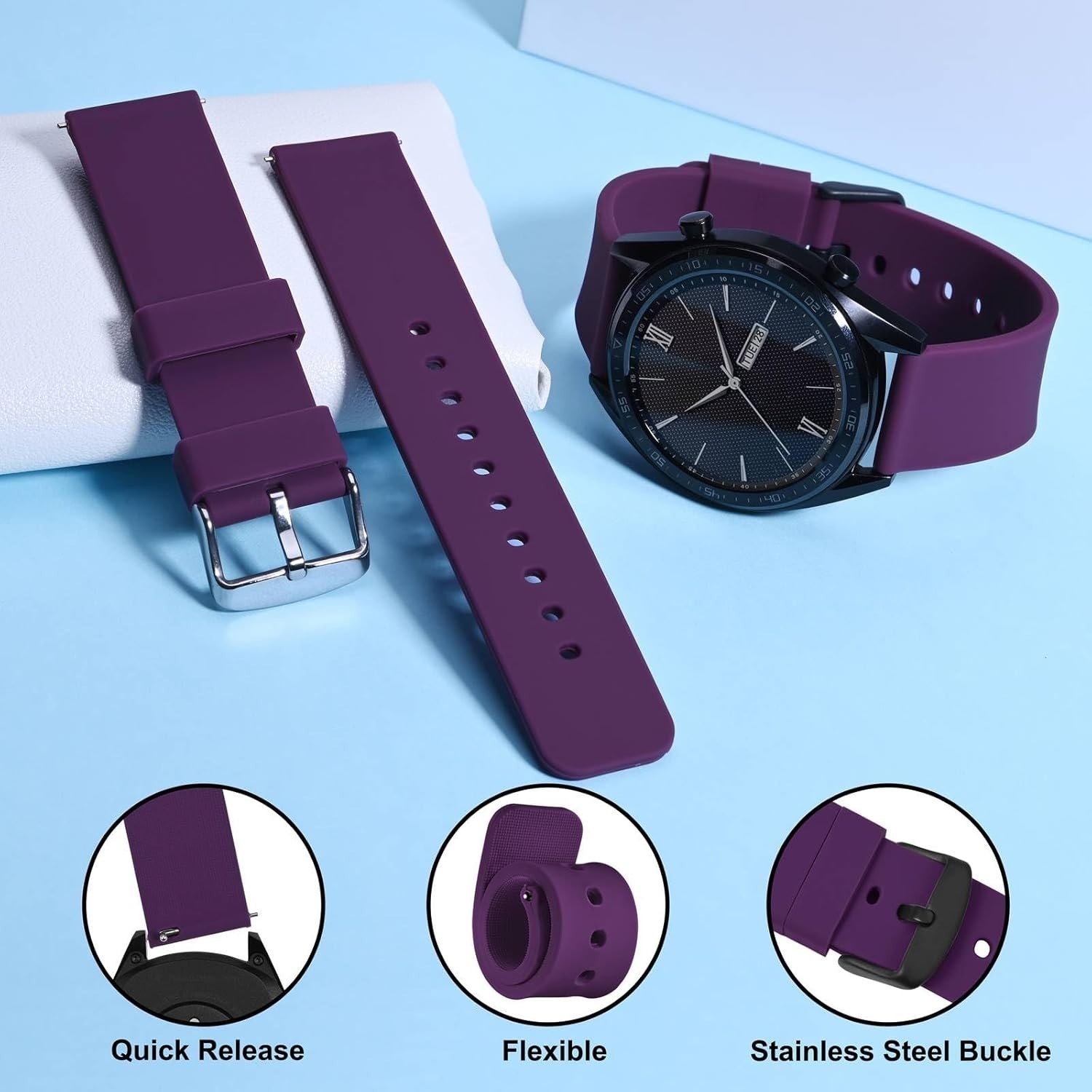 Stylish 22mm Silicone Watch Band with Black Steel Buckle – Waterproof & Easy Fit