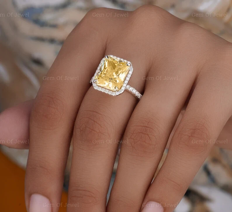 4.38 Ct Natural Yellow Sapphire Diamond Engagement Ring 14k White Gold Size 6