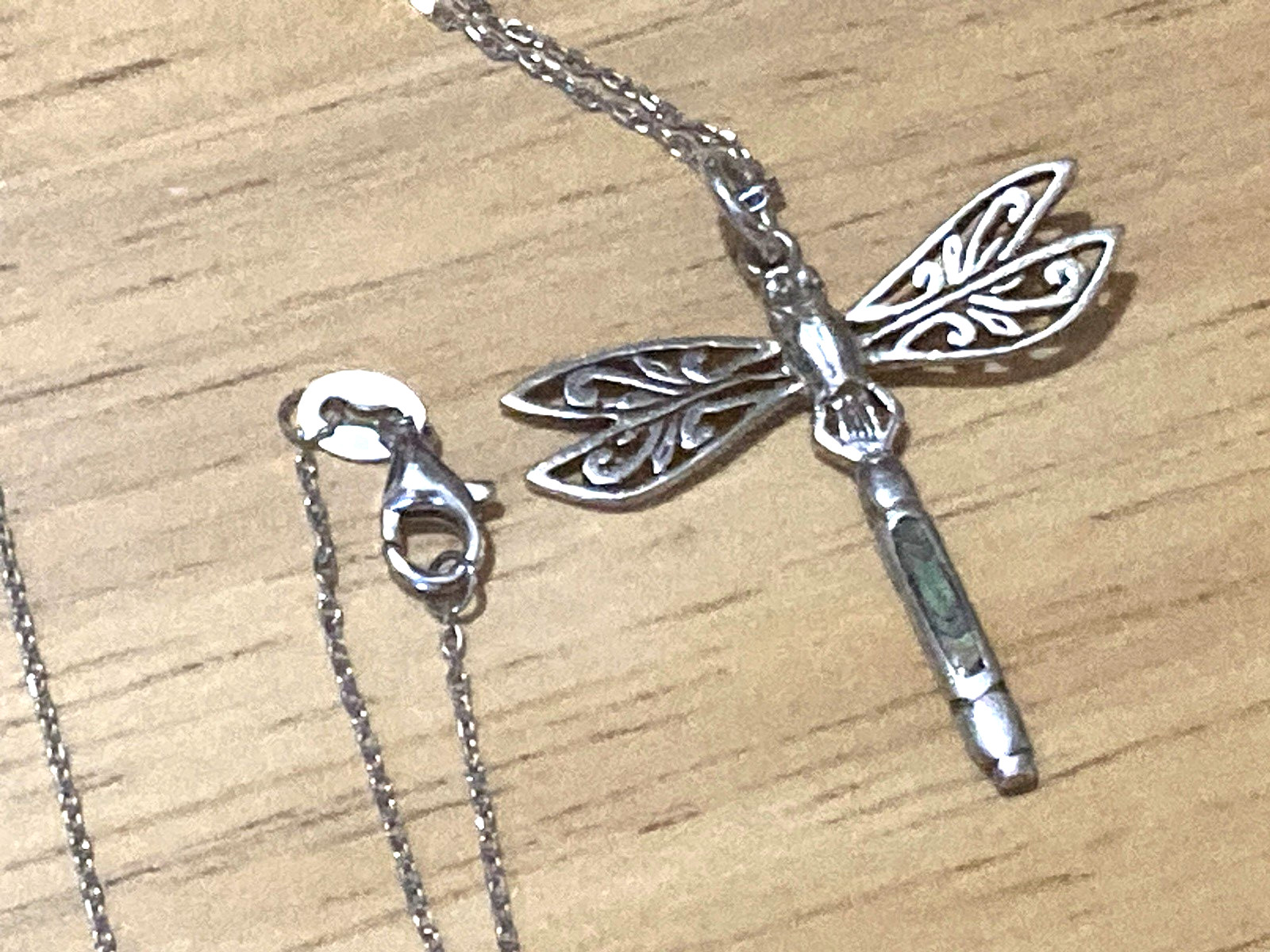 Vintage Peter Stone Pendant Necklace Sterling Silver Dragonfly Abalone Charm 925