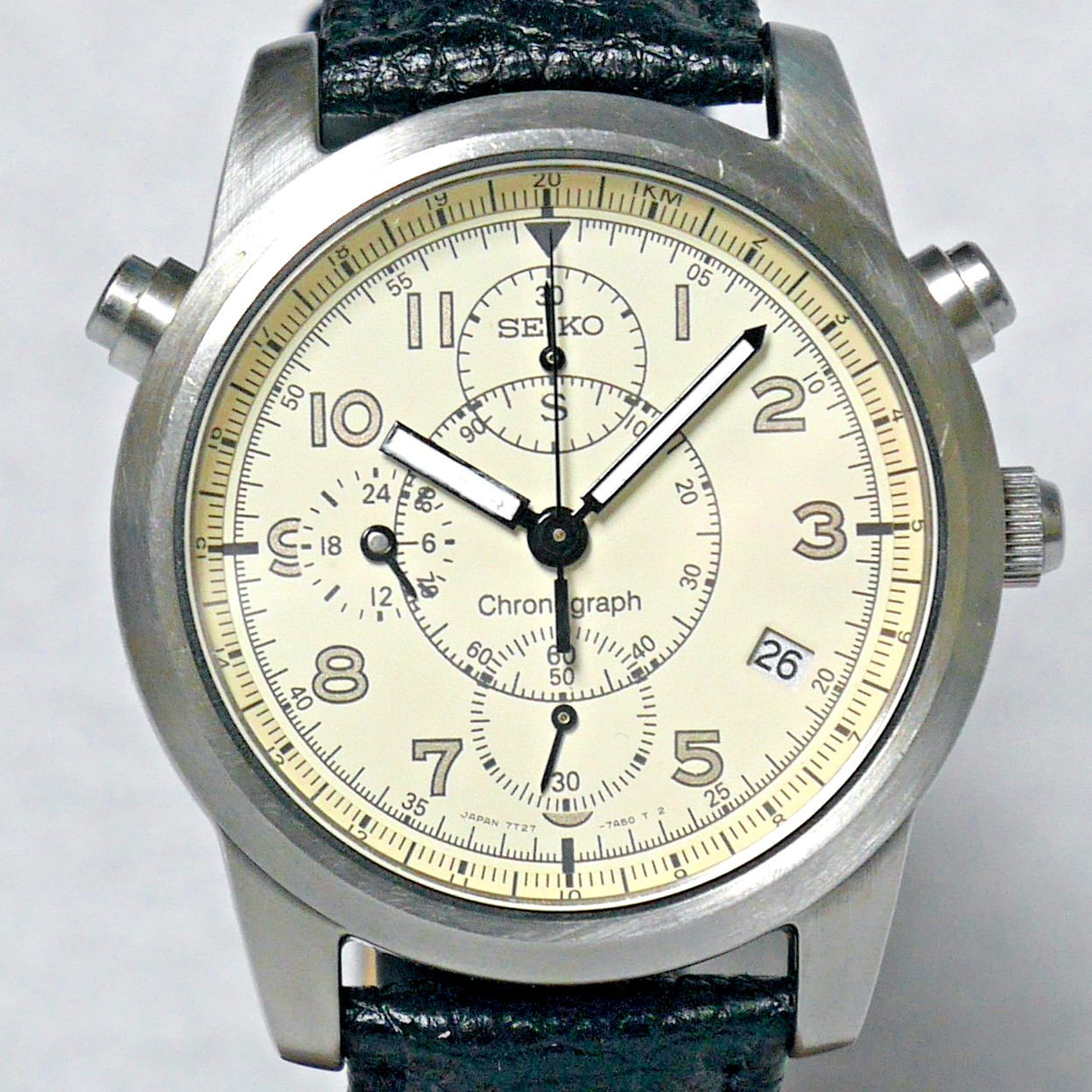 SEIKO SUS Military Watch 7T27 1995 White Pilot Chronograph Date indicator Japan