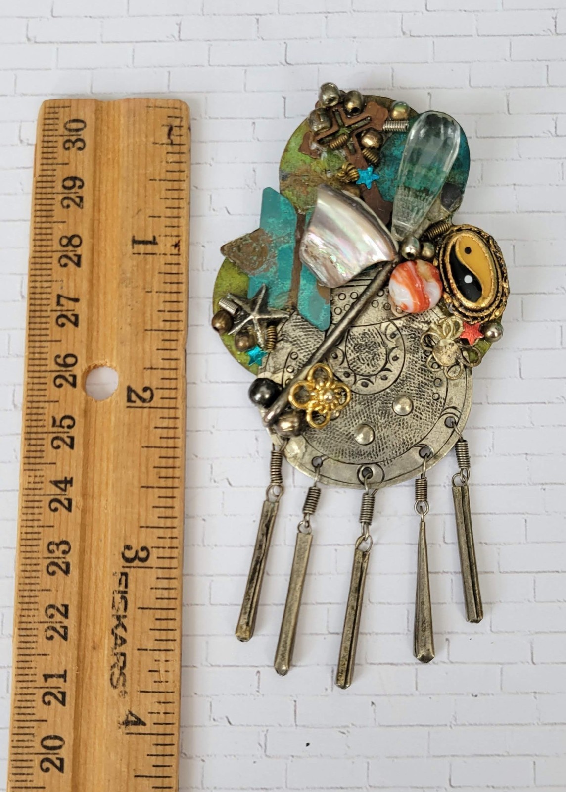 Vintage Artisan Handcrafted Abstract Design Mixed Media Pin Brooch