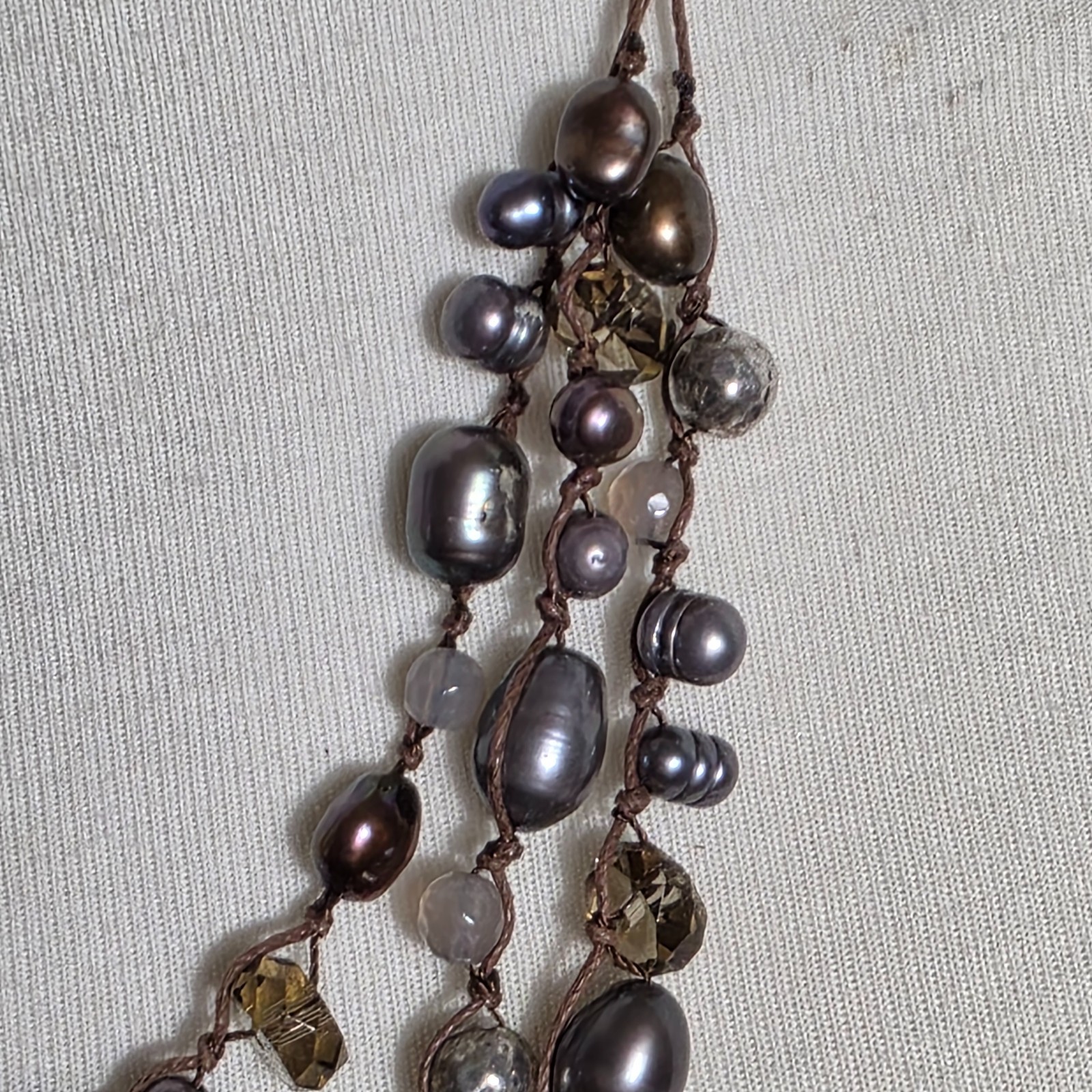 J. Jill Triple Strand Necklace Gray & Bronze Colored Beads on Brown Cord