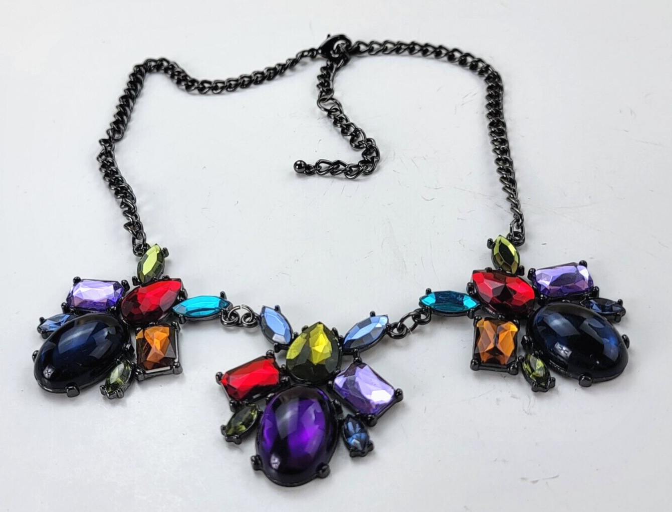 Multi Color Acrylic Faux-Gem Cabochon Statement Collar Necklace 20.5 in Gunmetal