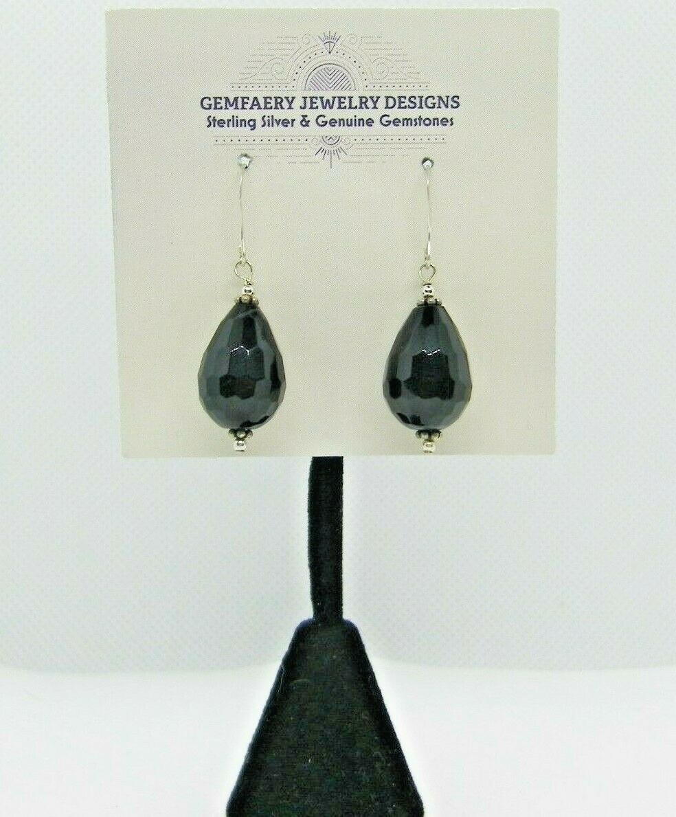Sterling Silver Faceted BLACK ONYX Teardrop Dangle Earrings #2141…Handmade USA