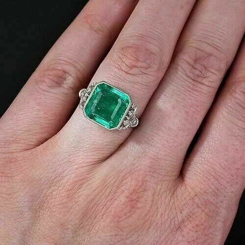 4.90 Ct Natural Emerald Art Deco Vintage Engagement Ring 925 Sterling Silver