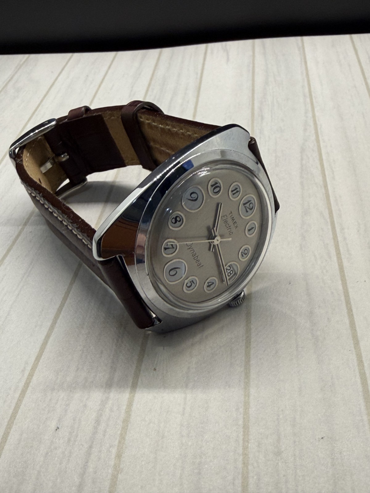 Vintage 70s Timex Electric Dynabeat Telephone Dial Cushion NEW Brown Leather