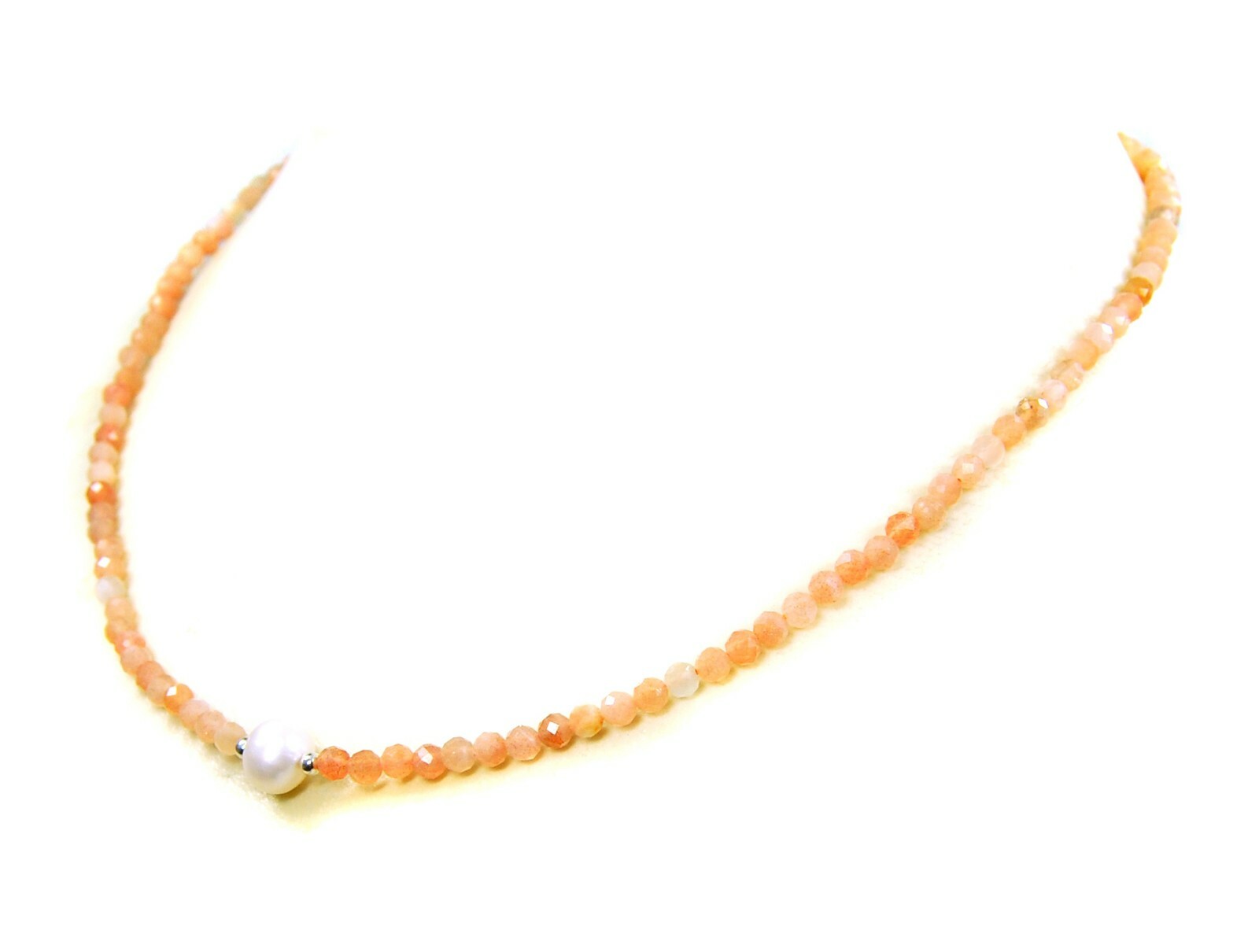 Healing Stone Sunstone Necklace 925 Silver Faceted Ø3mm with Freshwater Pearl