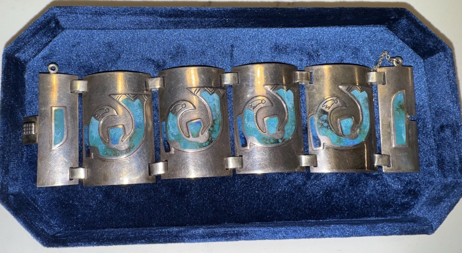 Graziella Laffi Peru 925 Sterling Turquoise Enamel Bird Panel Bracelet 119g