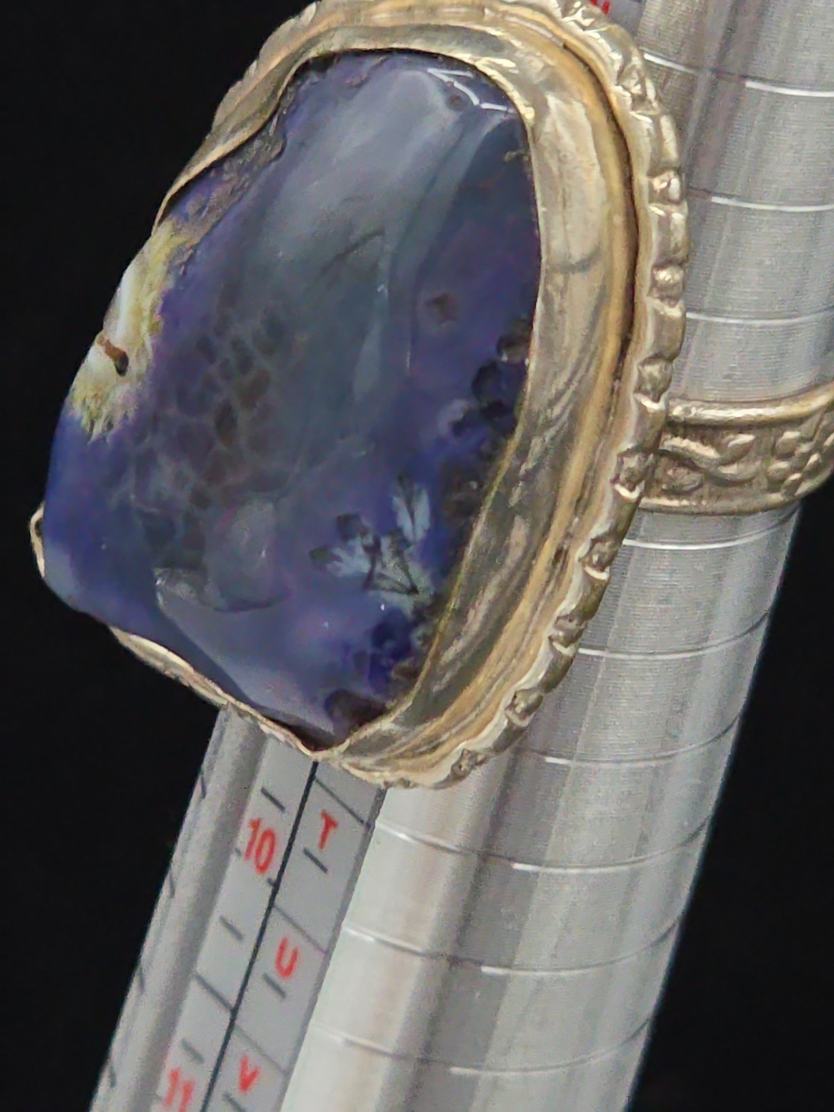 Large Handcrafted Sterling Silver & Purple Blue Agate Statement Ring Size 8