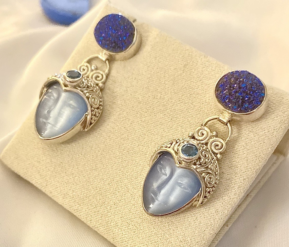 Vintage Sajen 925 Sterling Silver Carved Goddess Face Druzy, Topaz Earrings