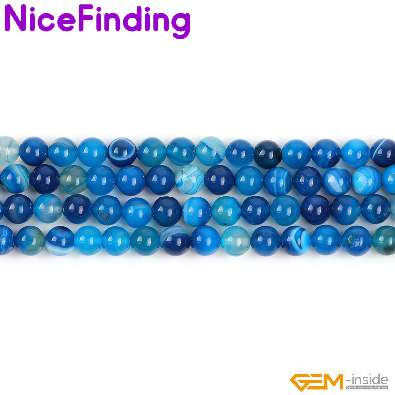 Natural Round Blue Smooth Sardonyx Agate Banded Beads For Jewelry Making 15”
