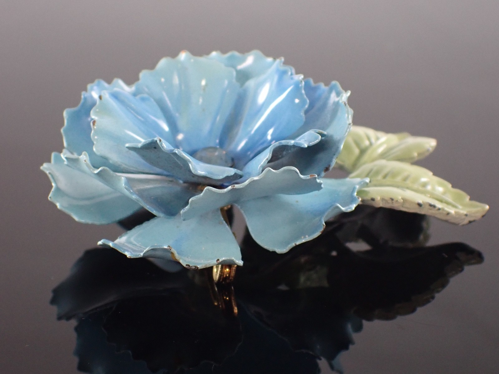 Vintage Blue Enamel Flower Brooch Glass Rhinestone Center Mid Century