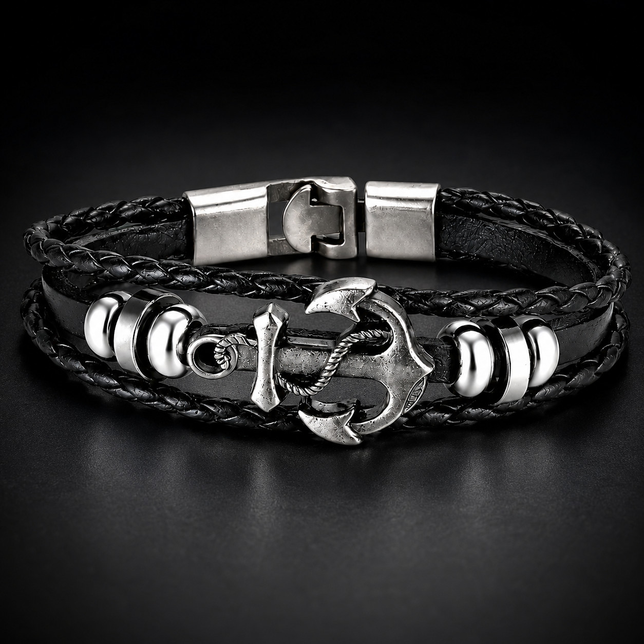 Men’s Black Layered Leather Bracelet Silver Anchor Nautical Vintage Style