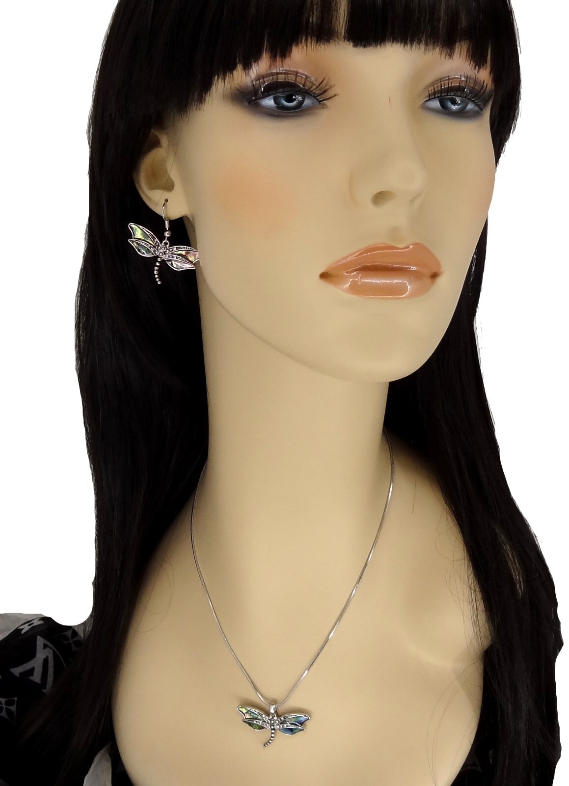 Dragonfly Pendant Necklace and Earrings Set Abalone Shell Accent & Gift Box