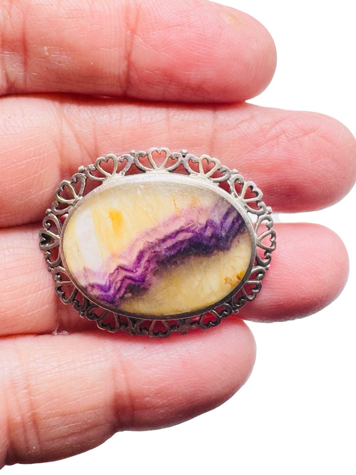 Vintage Sterling Silver Blue John Fluorite Brooch Pin Sheffield Hallmarked