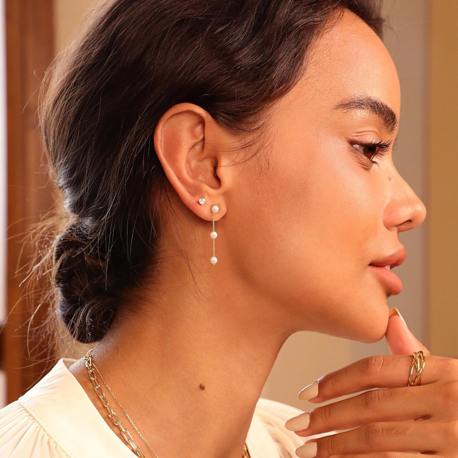Dainty Pearl Dangle Earrings for Women – Trendy 14K Gold Plated Pearl Hypoallerg