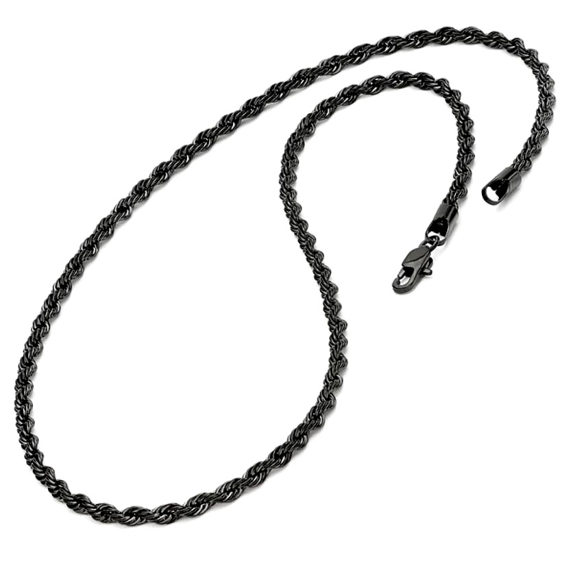 Black Plated Stainless Steel Men’s Rope Chain Necklace 4MM 24″ Lobster Lock