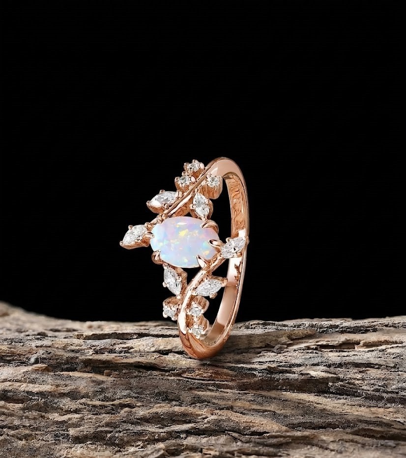 Oval Opal Engagement Ring, Sterling Silver Vine Branch, Rose Gold Ring