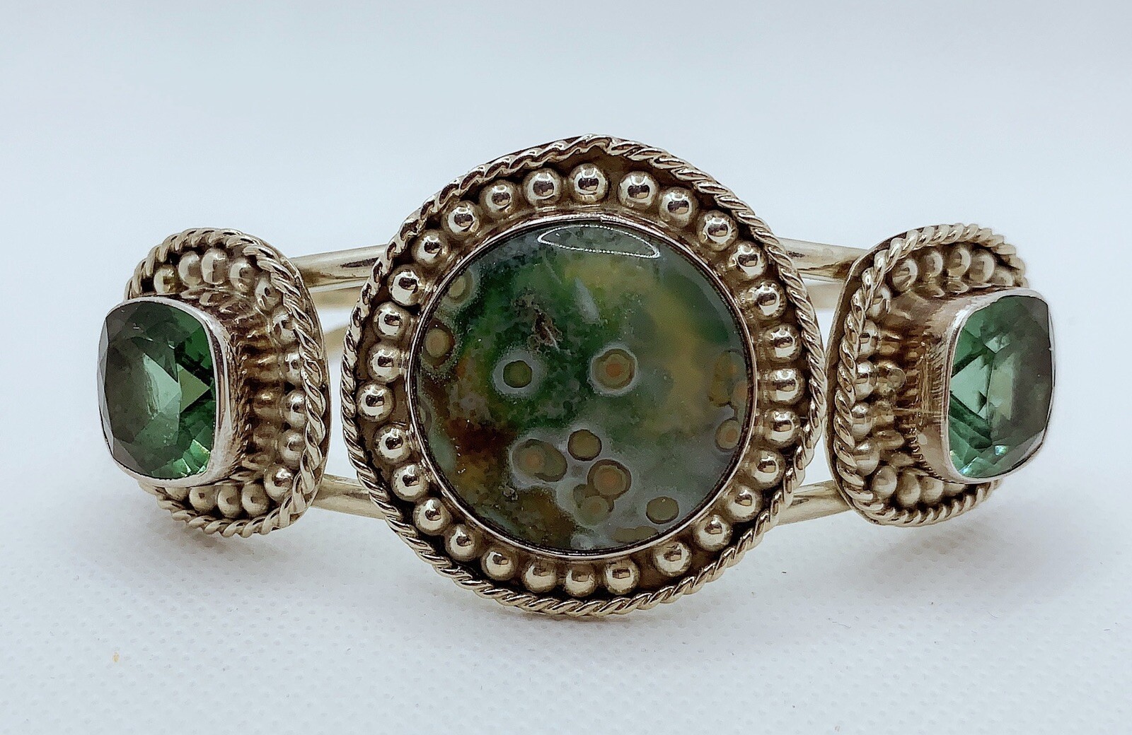 VTG 925 STERLING SILVER OCEAN JASPER & DIAMOND CUT CLASS CUFF BRACELET 43.3g #rl