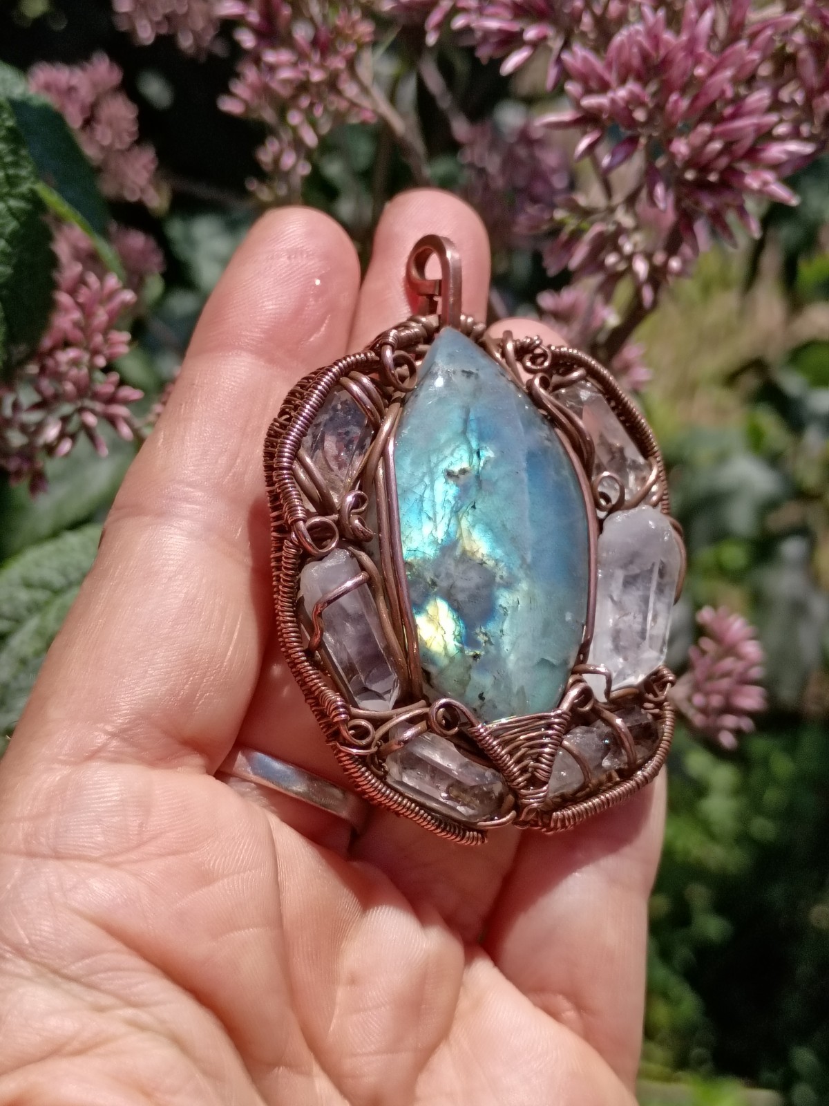 Labradorite Surrounded In Quartz Crystals Wirewrap Pendant Copper Statement