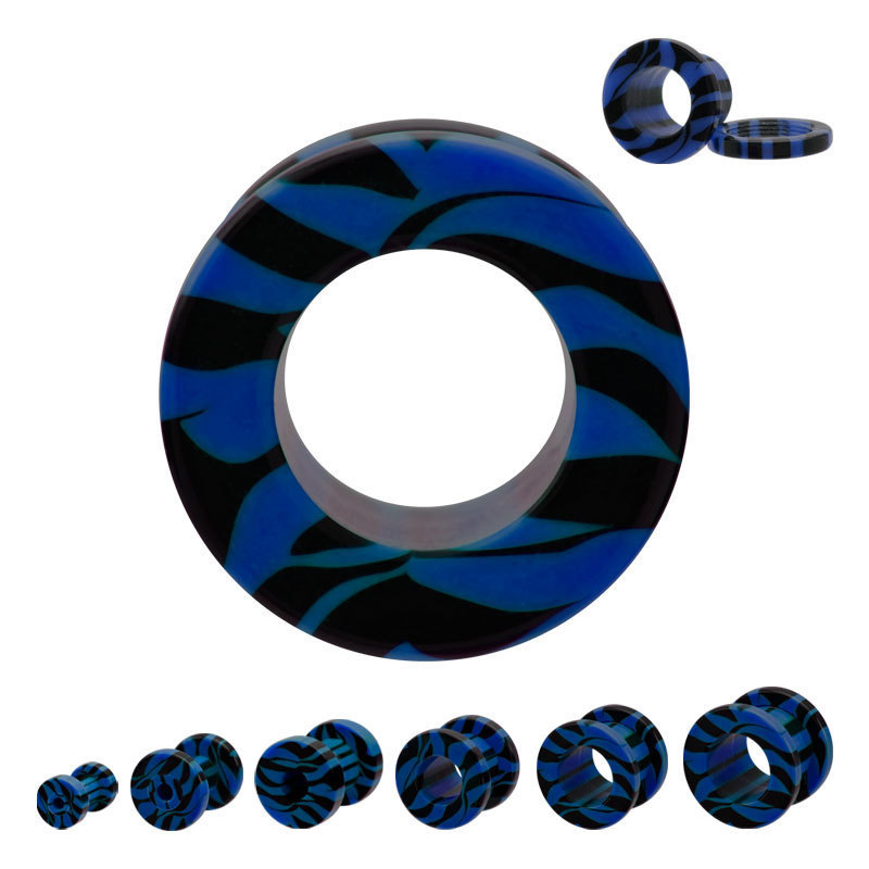 PAIR-Zebra Stripe Blue Acrylic Screw On Ear Tunnels 04mm/6 Gauge