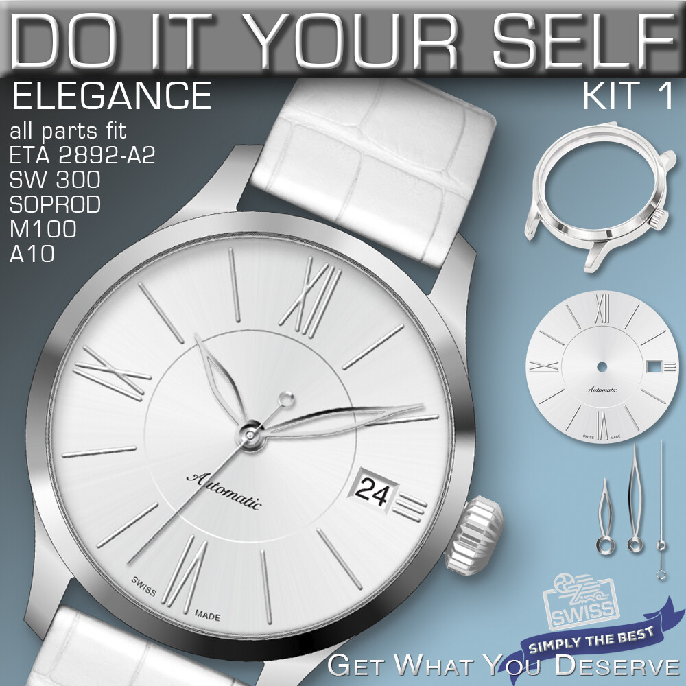 DO IT YOURSELF KIT 1: ELEGANCE CASE 34MM, DIAL, HANDS, fit ETA 2892-A2, SW300