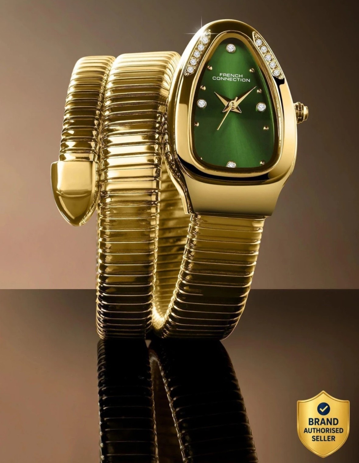 French Connection Women’s Serpent Style Green Dial Gold Tone Quartz Bracelet Wat
