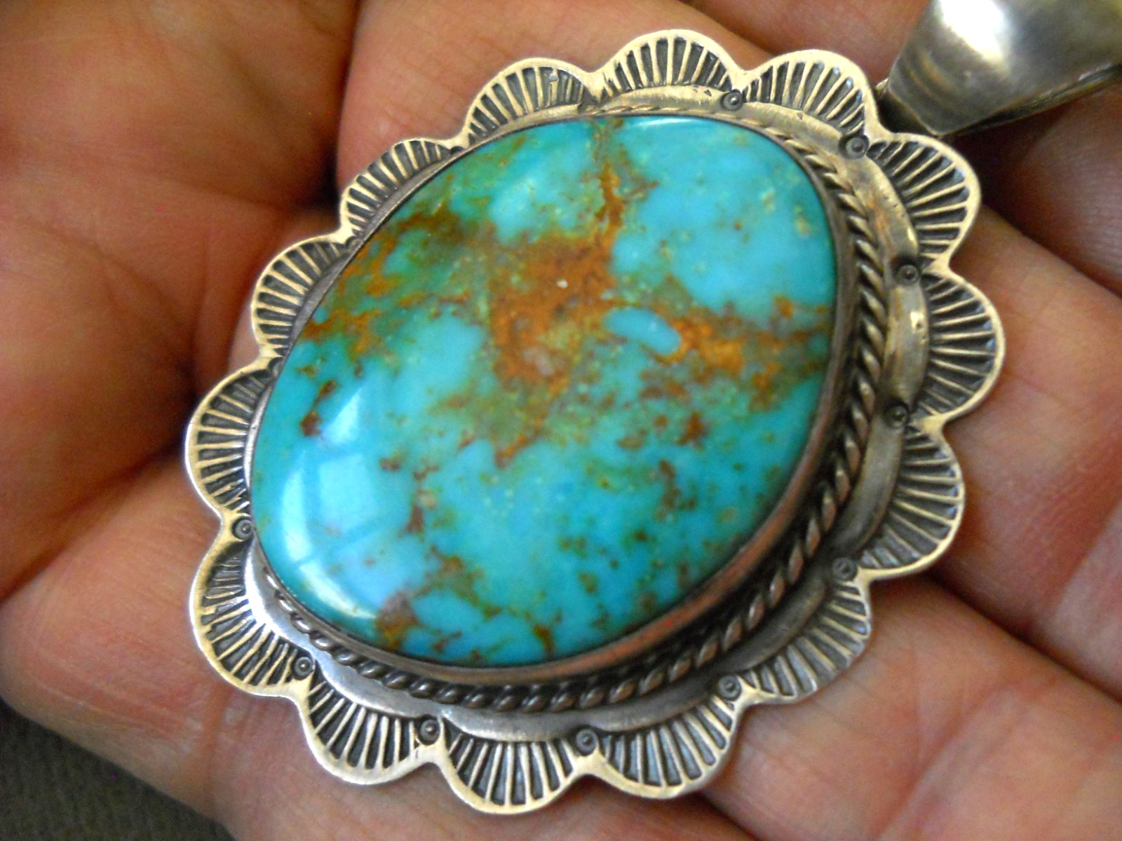SPENCER Native American Navajo Turquoise Mountain Turquoise Sterl Silver Pendant