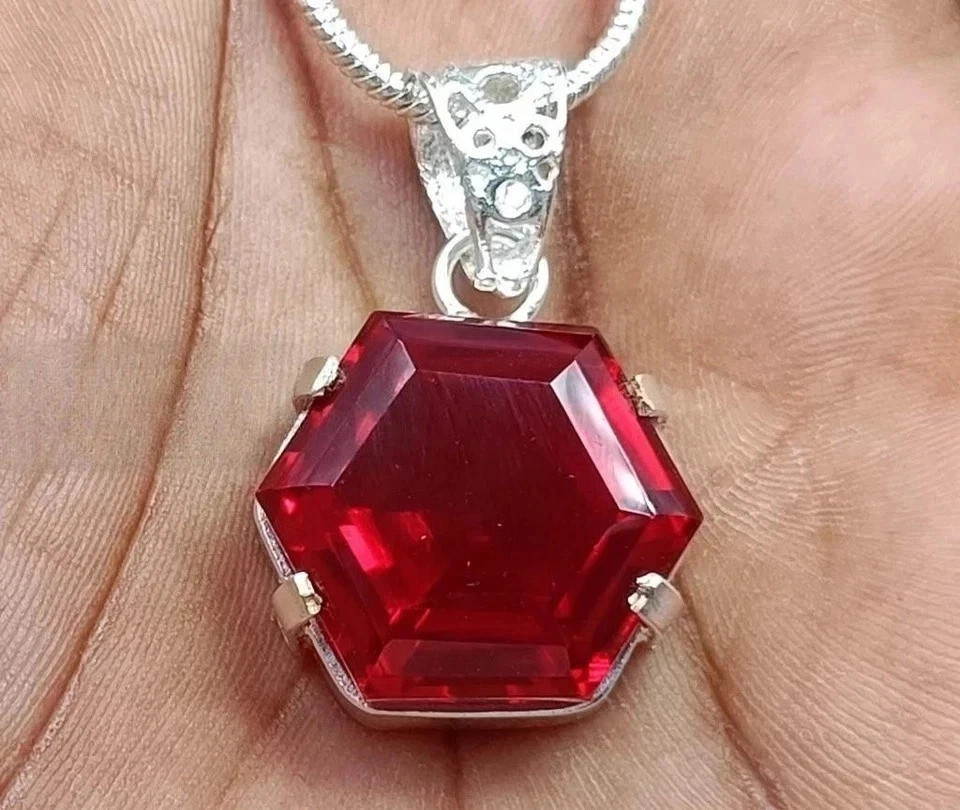 31 Ct Natural Red Ruby Hexagon Cut 925 Solid Silver Certified Gemstone Pendant