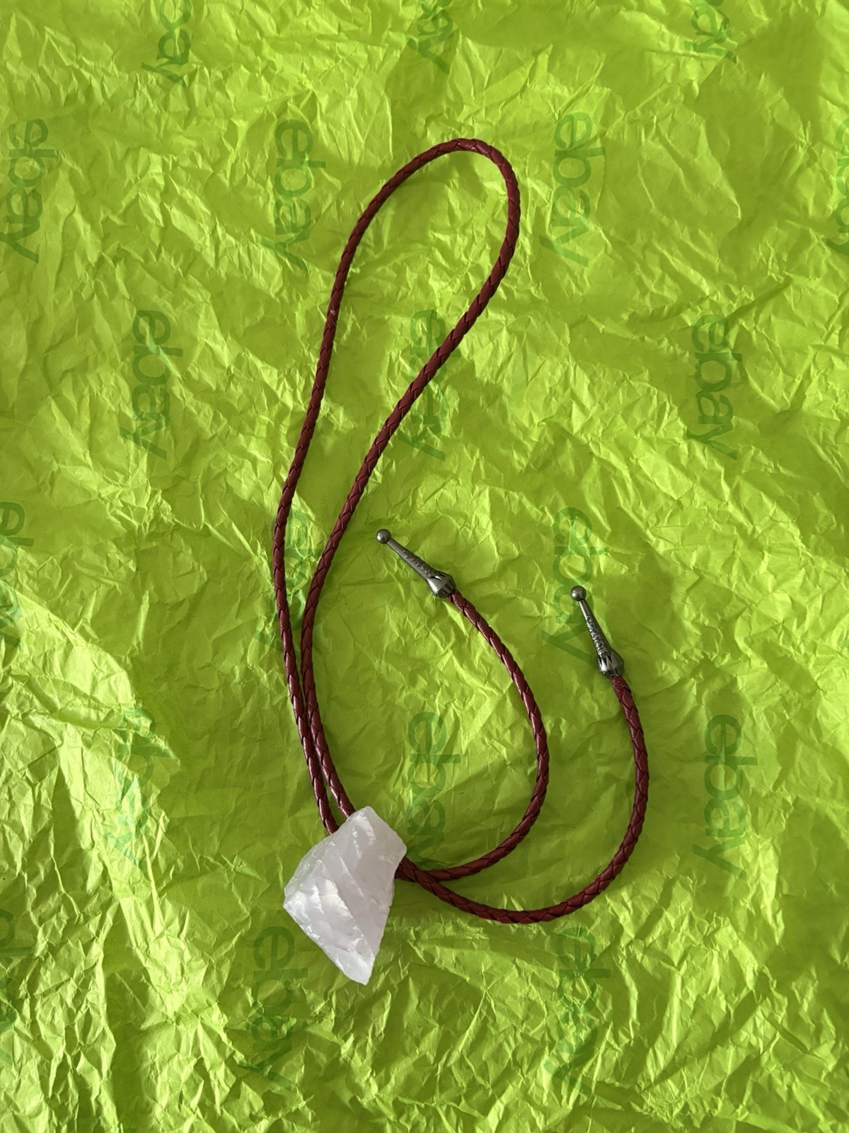 White Quartz Charm Pendant Necklace Brown Leather Cord Chain Hook Closure