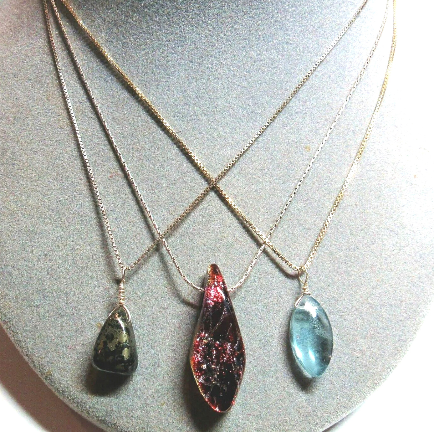 3 PC Pendant Necklace Lot Sterling 925 Silver Fluorite Pyrite Stone Glass 17.0g