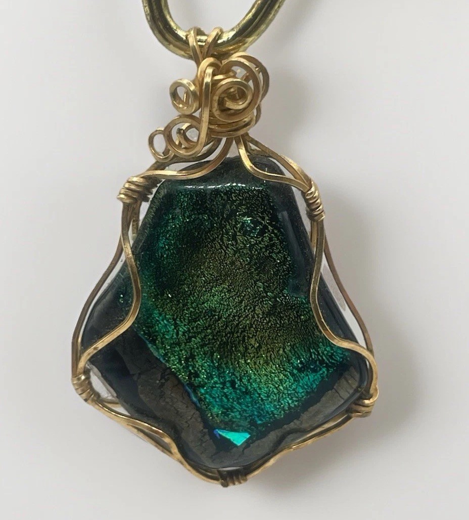 Blue Green Gold Dichroic Glass Pendant Handmade Gold Tone Wire Wrapped
