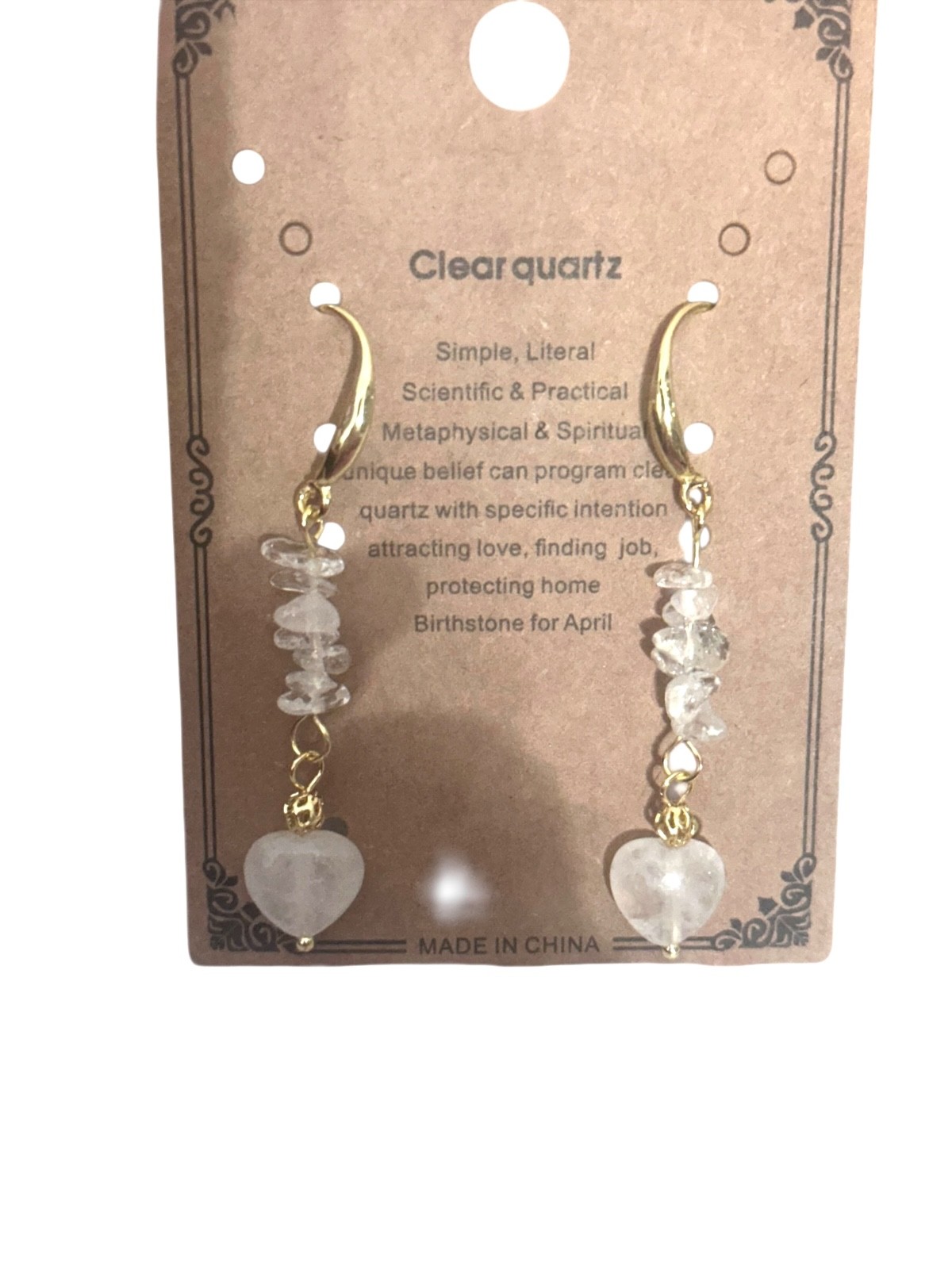 18K gold plated Earrings- clear quartz- white hearts- chip beads-french wire