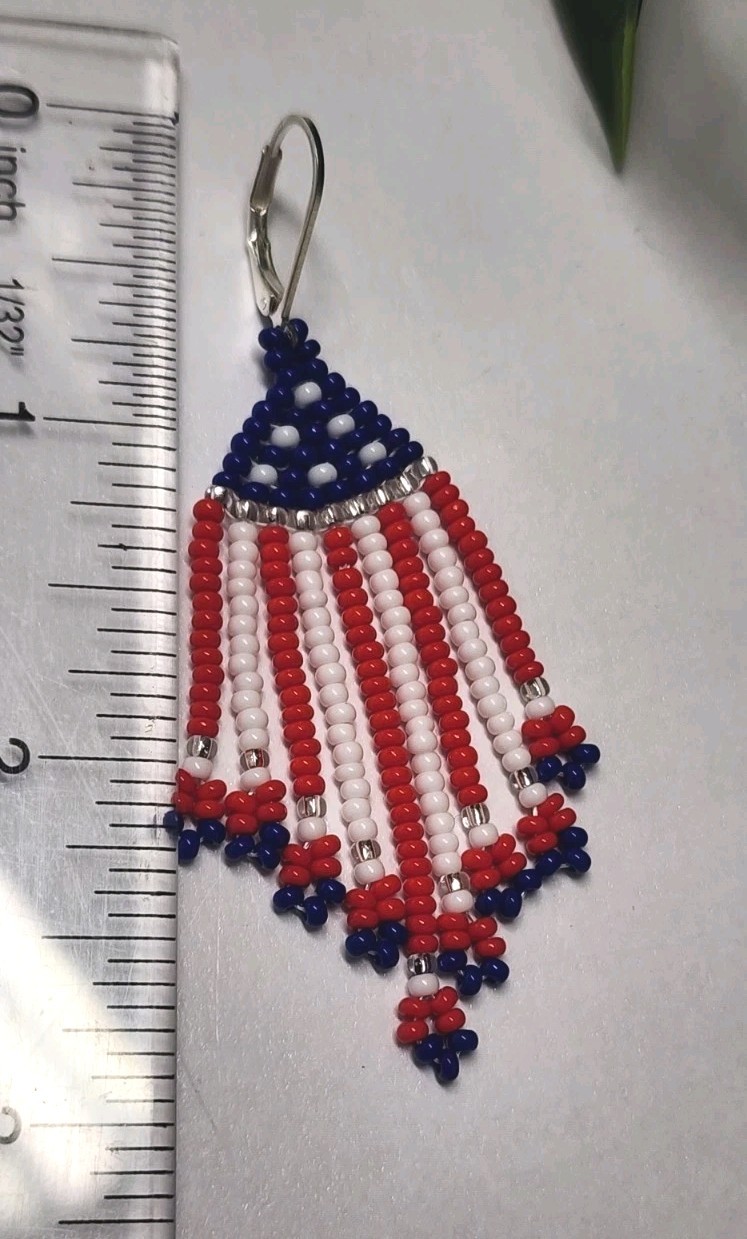 Beaded American Flag Desing Earrings. Handmade. Long 2.8 in.
