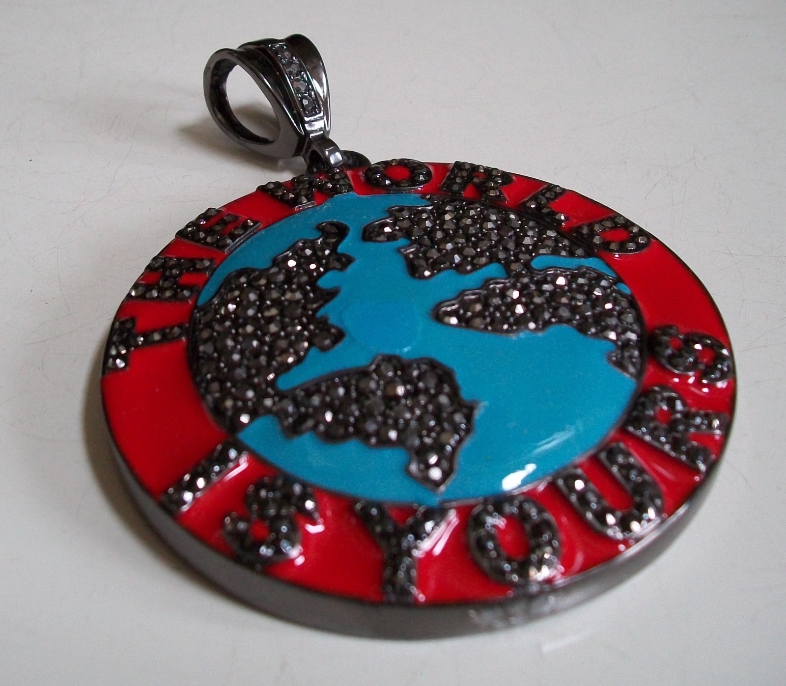 Men Bling Black Hematite Finish THE WORLD IS YOURS Globe Fashion Dressy Pendant