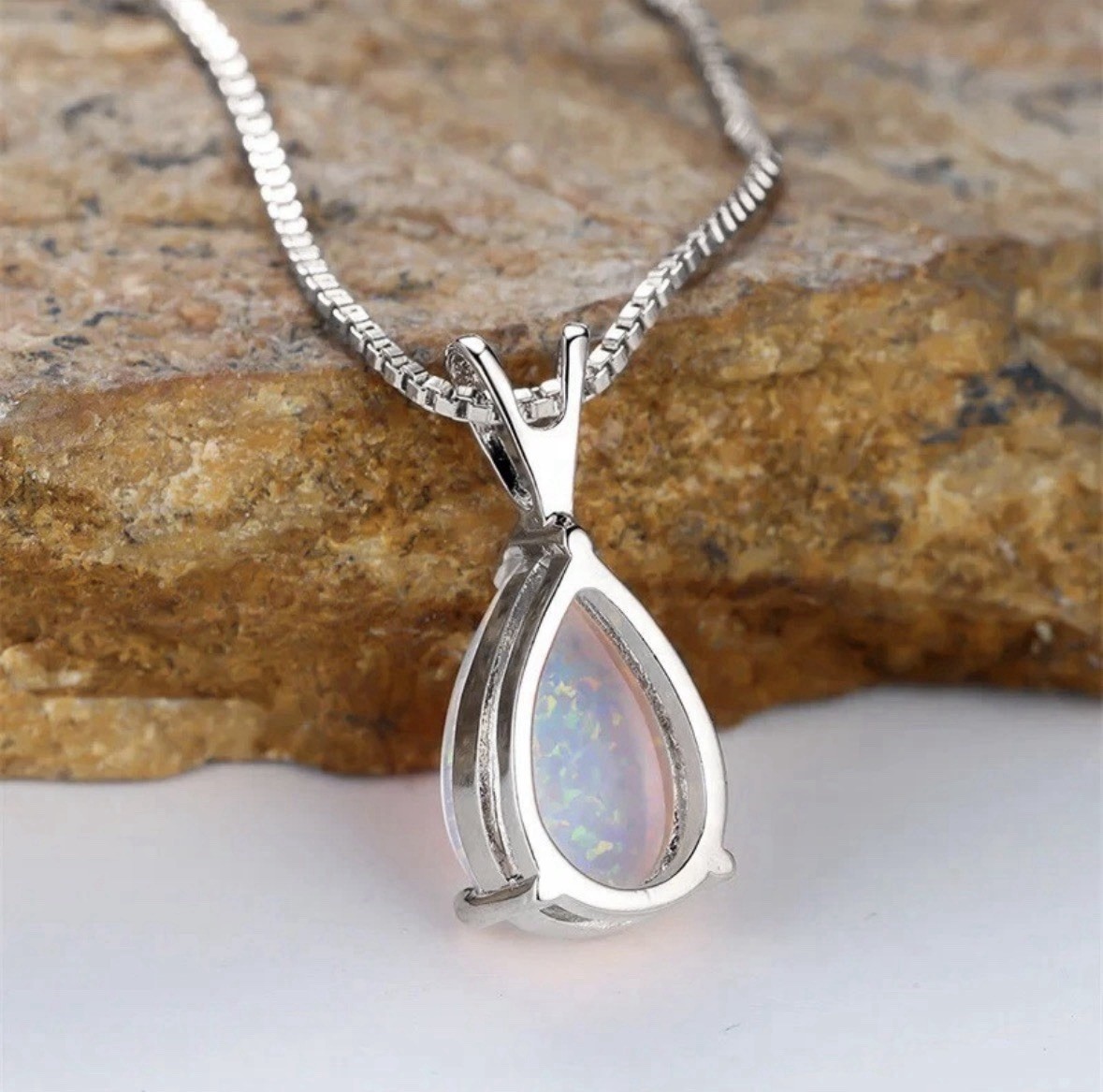 White Opal Stone Pendant Minimalist Droplet Fire Opal Necklace Sterling Silver
