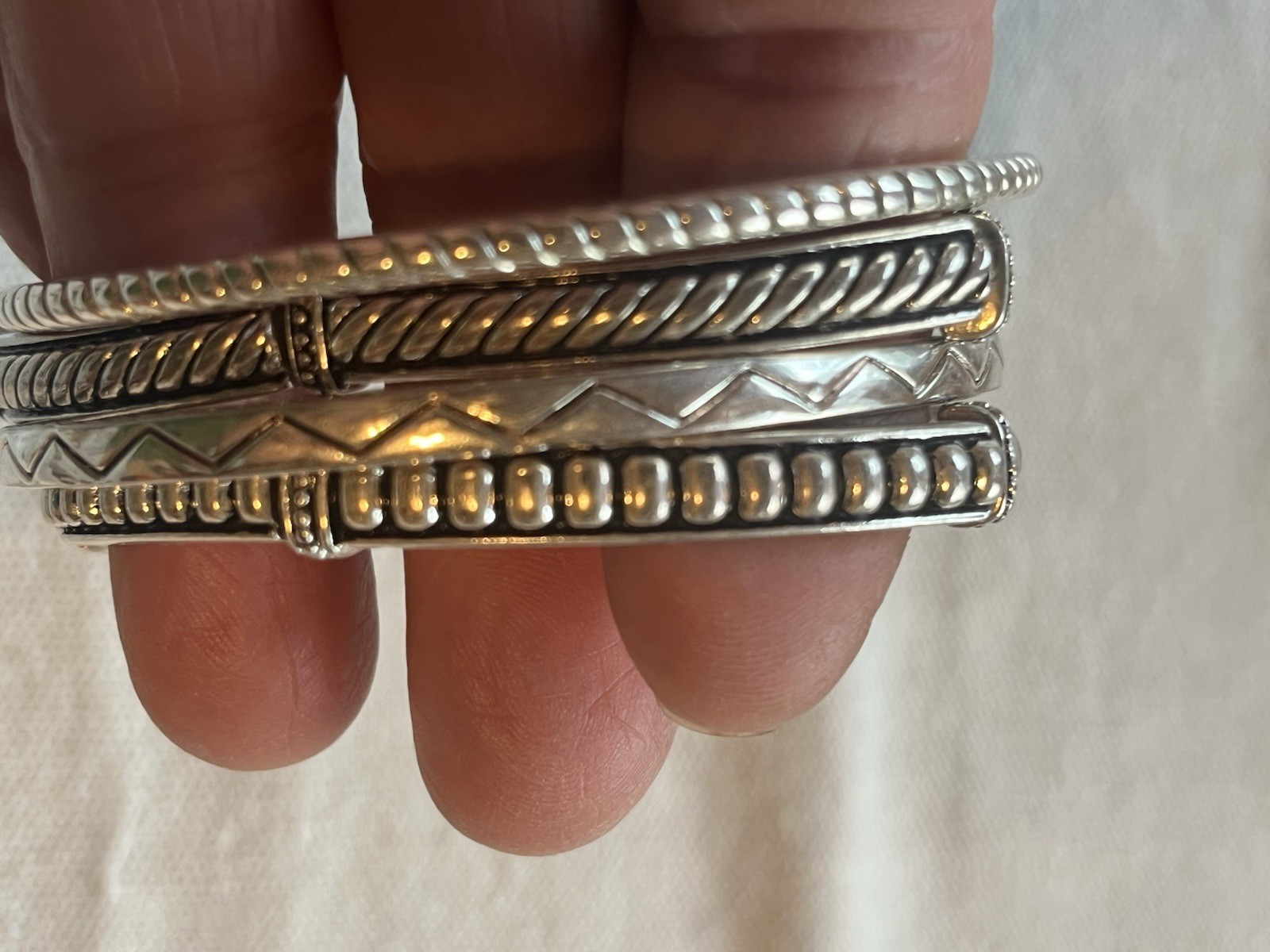 Premiere Design Engraved Silver Stretch and Solid Bangle Bracelets Set of 4