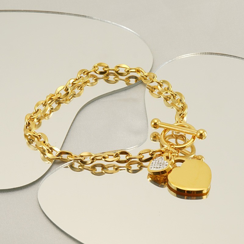 Gold Plated Alloy Chain Link Dual Heart Dangle CZ Pave OT Toggle Clasp Bracelet