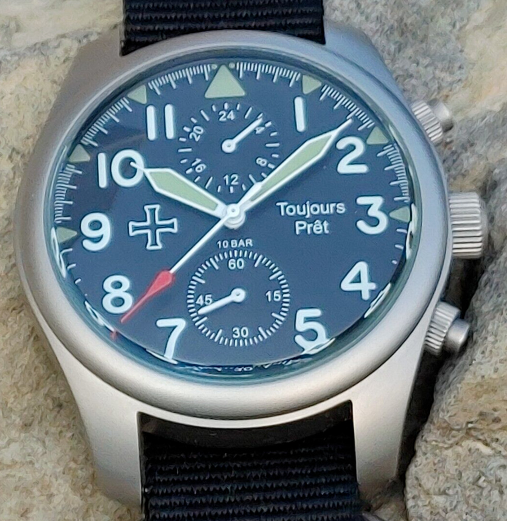 Toujours Pret GMT military field watch. Blasted stainless steel – domed crystal