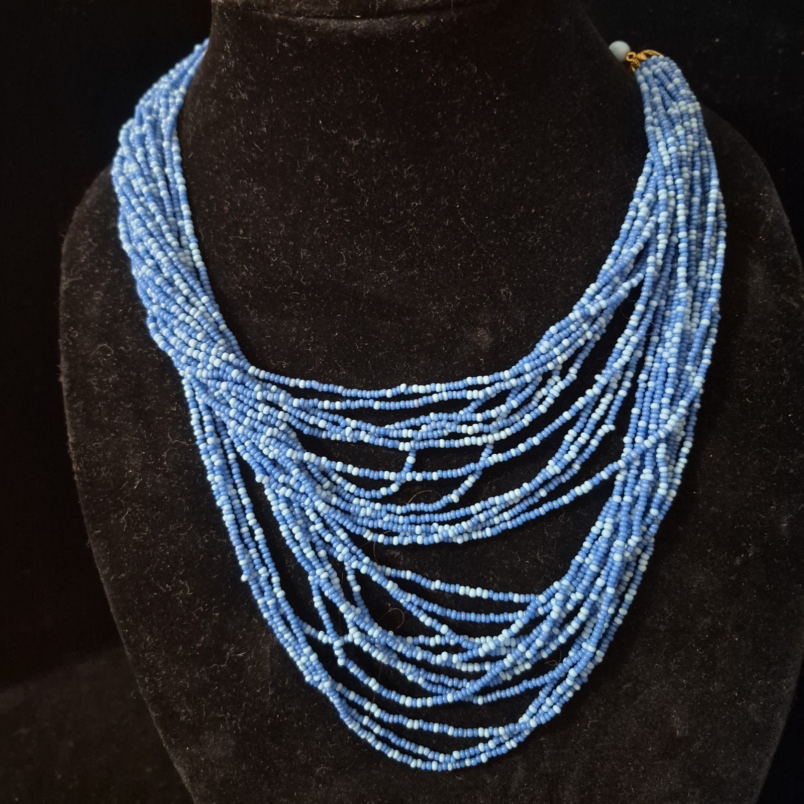 Vtg Boho Multi Strand Blue “Waterfall” Seed Beed Necklace Layered Bib Statement
