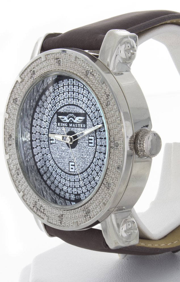 King Master Men’s CZ Stones Silver Dial Stainless Steel Brown Leather Watch