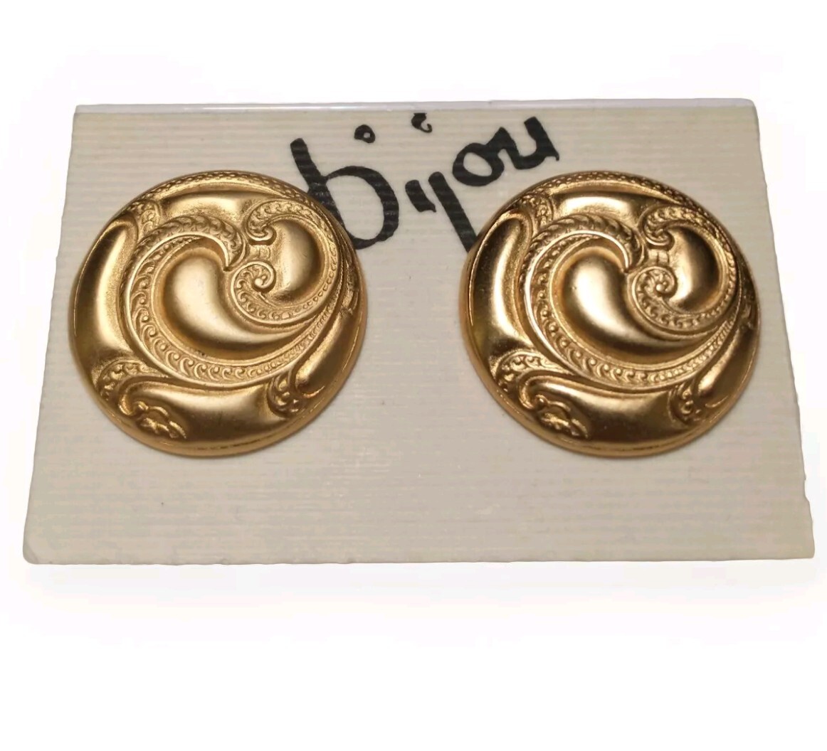 Vtg Earrings 80’s ART DECO/NOUVEAU CLASSY Swirled BRUSH Matte GOLDTONE RARE Clip