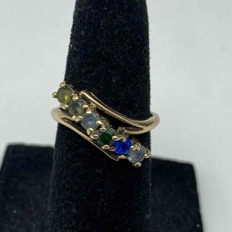 10K Yellow Gold Multi-Gemstone Bypass Ring Size 3.25 Aquamarine Emerald 2.3g