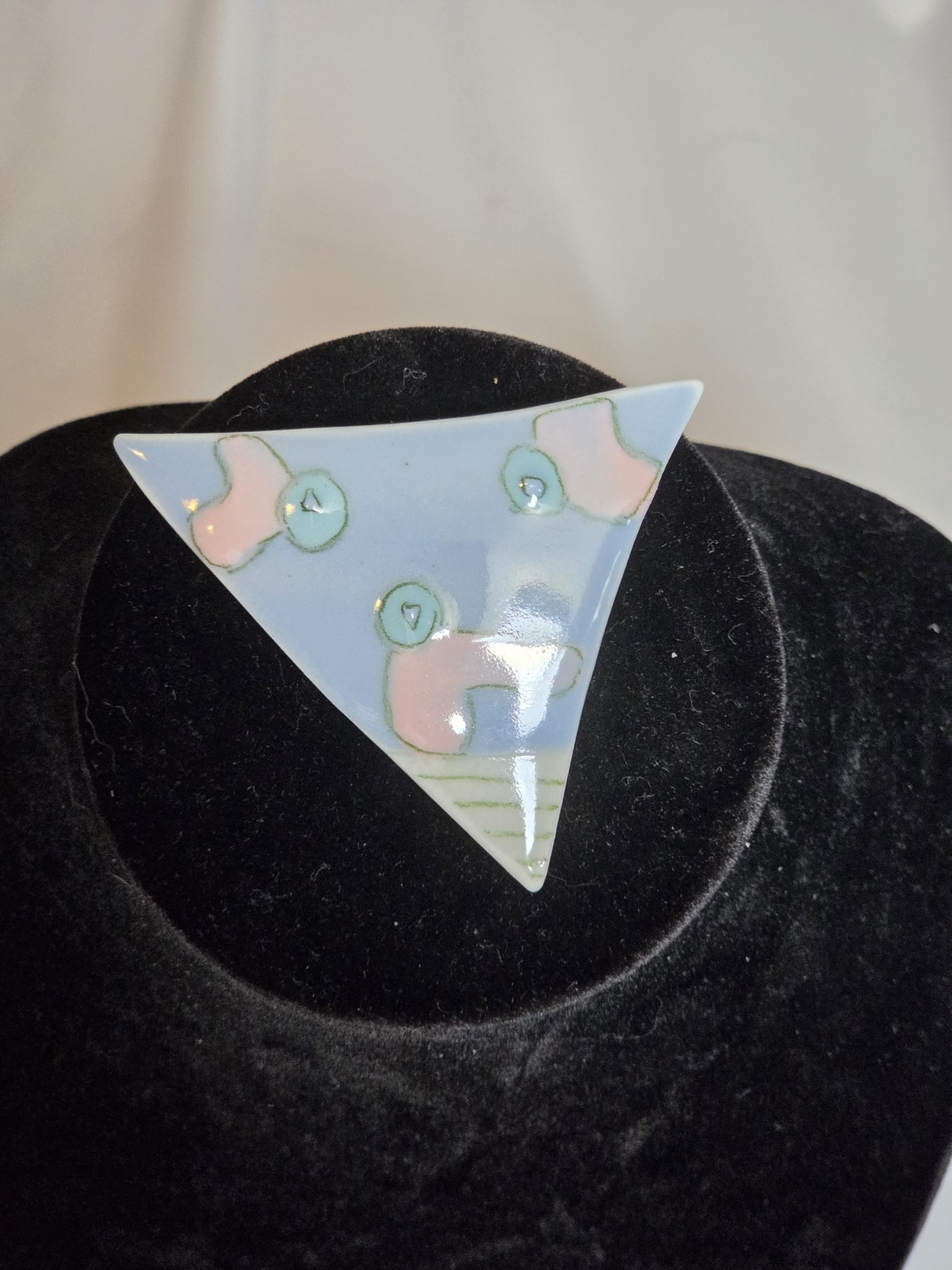 Vintage Triangle Ceramic Enamel Brooch Pin Abstract Design Blue Pink White Green