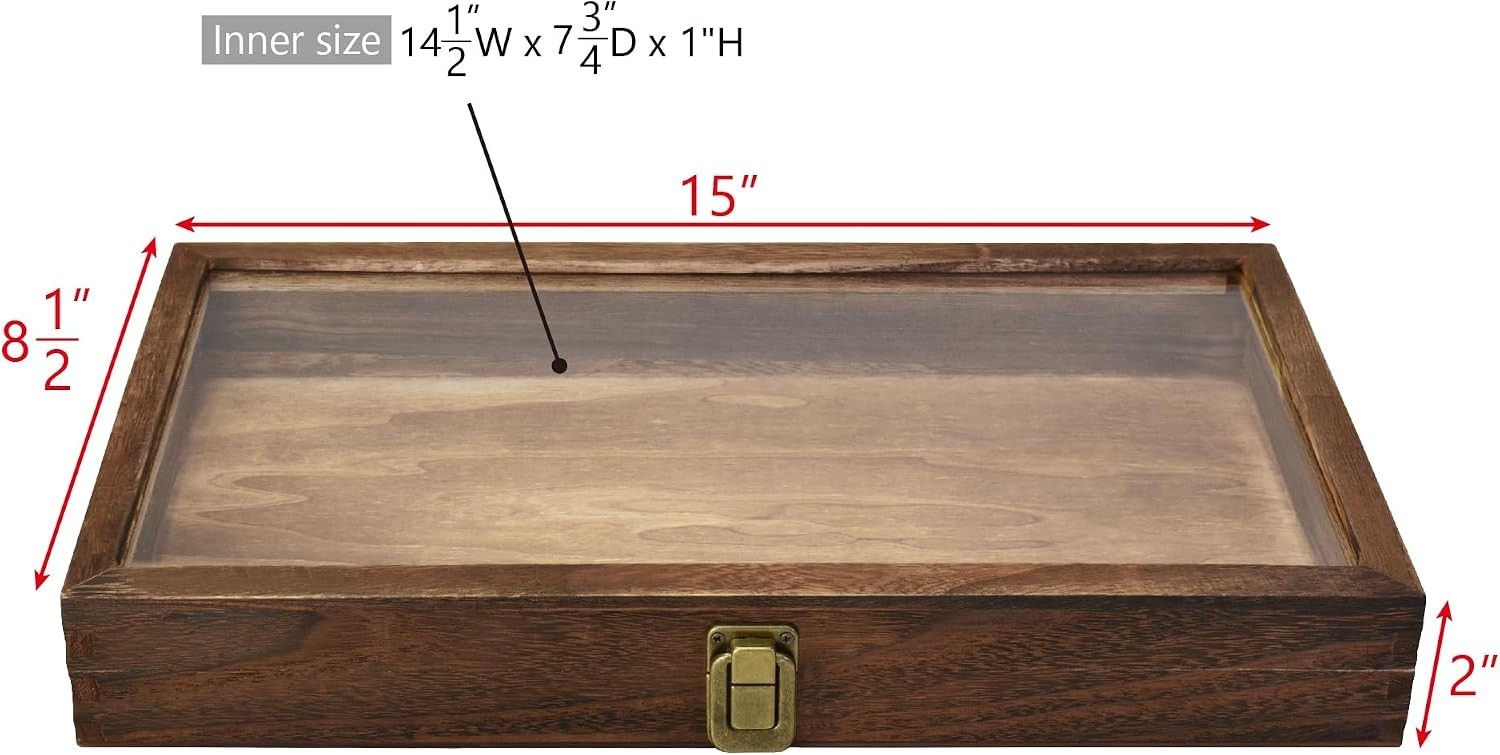 Elegant Wooden Jewelry Display Case with Tempered Glass Top, Brown – 15″ x 8.5″
