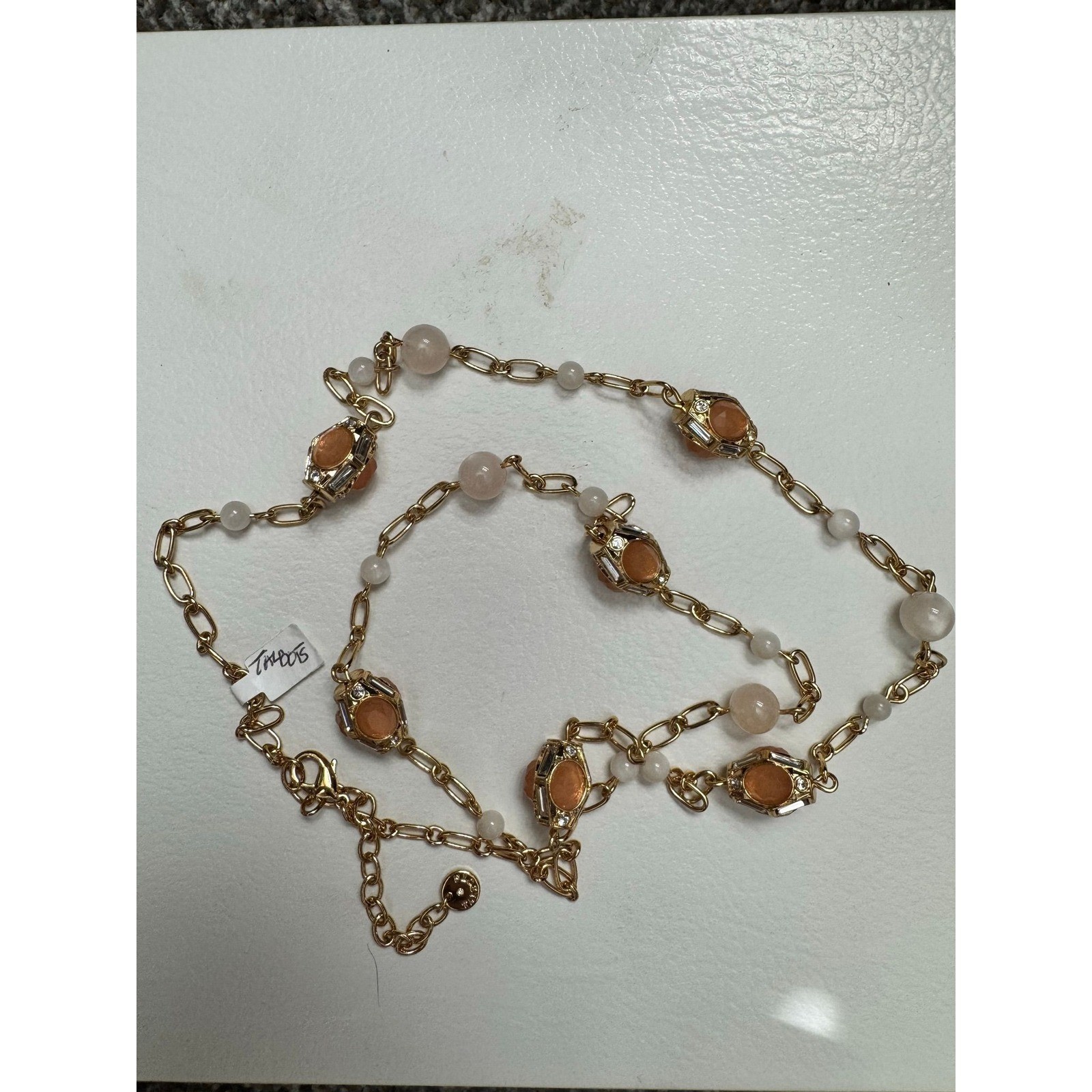 Talbots Gold Tone Peach Stone & White Bead Long Station Necklace Crystal Accent